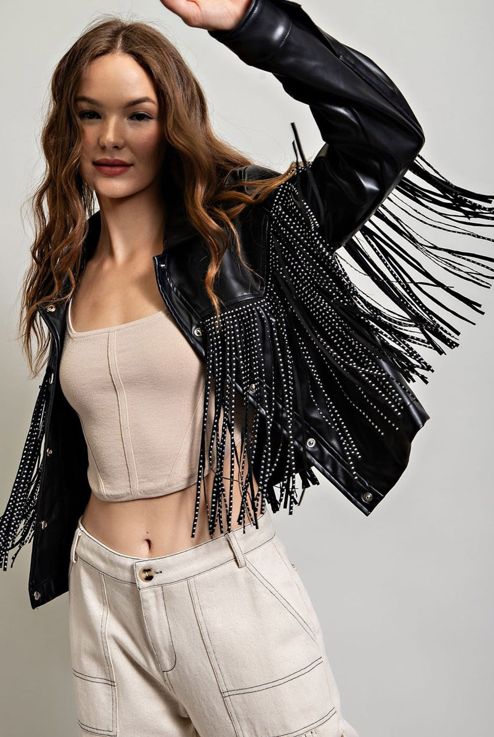 Studded Fringe Faux Leather Moto Jacket - eesome - RARA Boutique