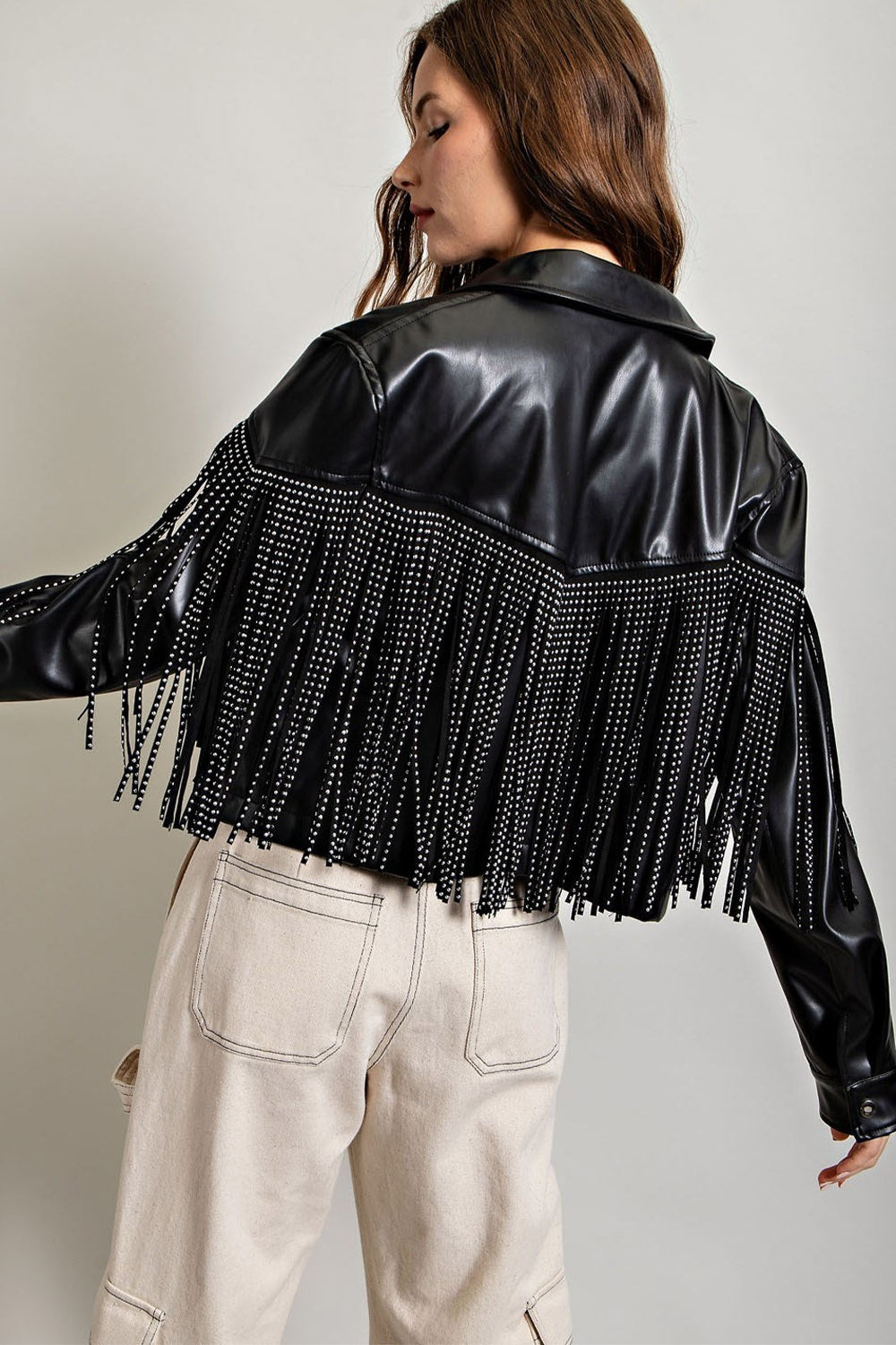 Studded Fringe Faux Leather Moto Jacket - eesome - RARA Boutique