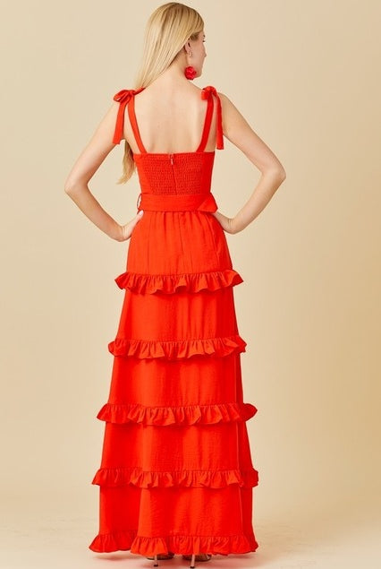 Tie Shoulder Belted Ruffle Maxi Dress - Main Strip - RARA Boutique