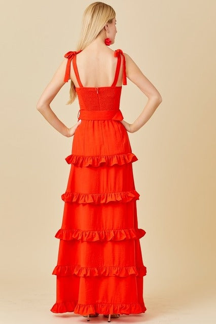 Tie Shoulder Belted Ruffle Maxi Dress - Main Strip - RARA Boutique
