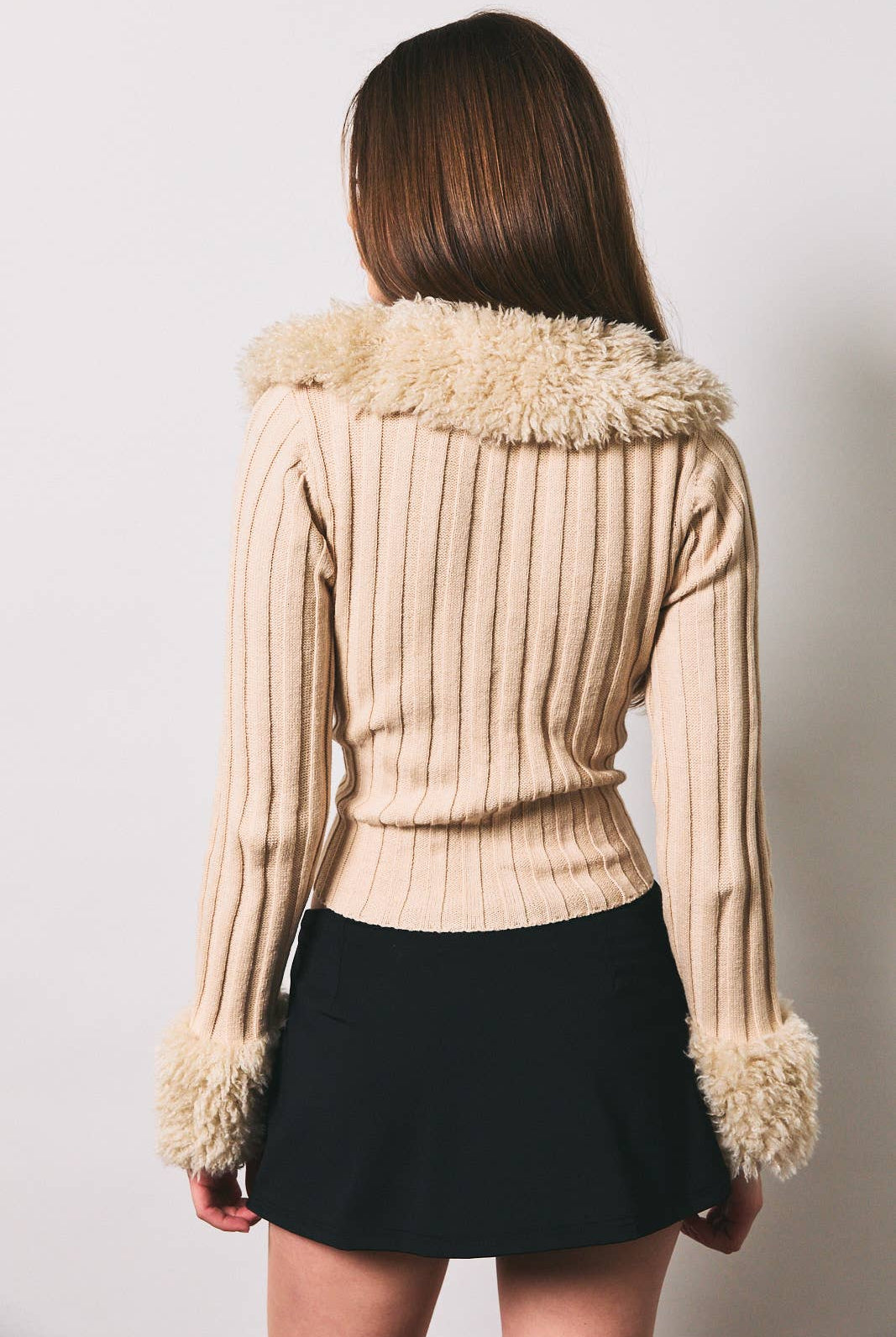 Long sleeve V-neck fur sweater rib jacket by LE LIS, featuring soft fur texture, ribbed design, and a cozy fit.