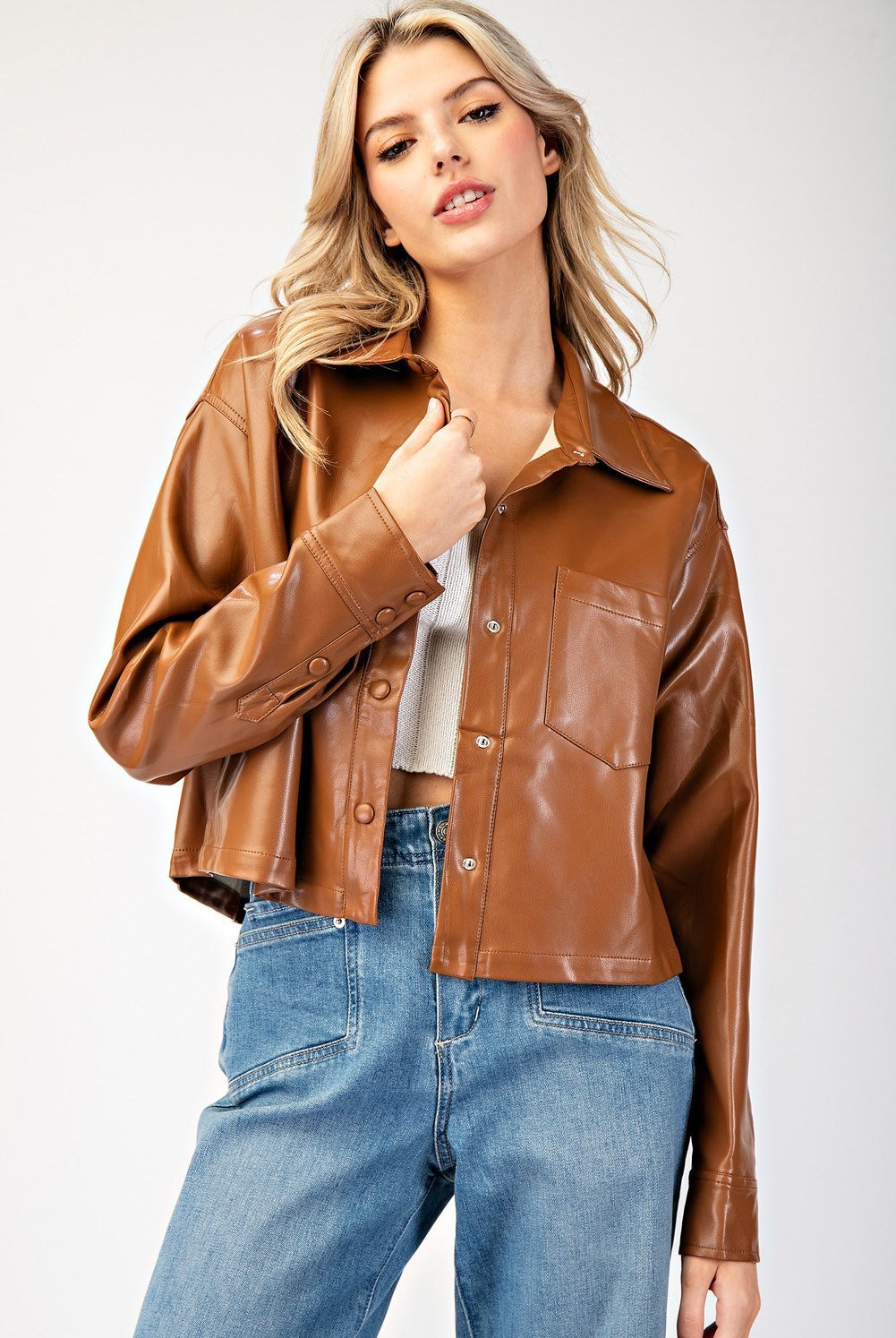 Cropped Faux Leather Collared Jacket - eesome - RARA Boutique