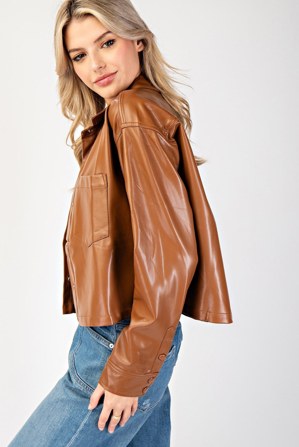 Cropped Faux Leather Collared Jacket - eesome - RARA Boutique