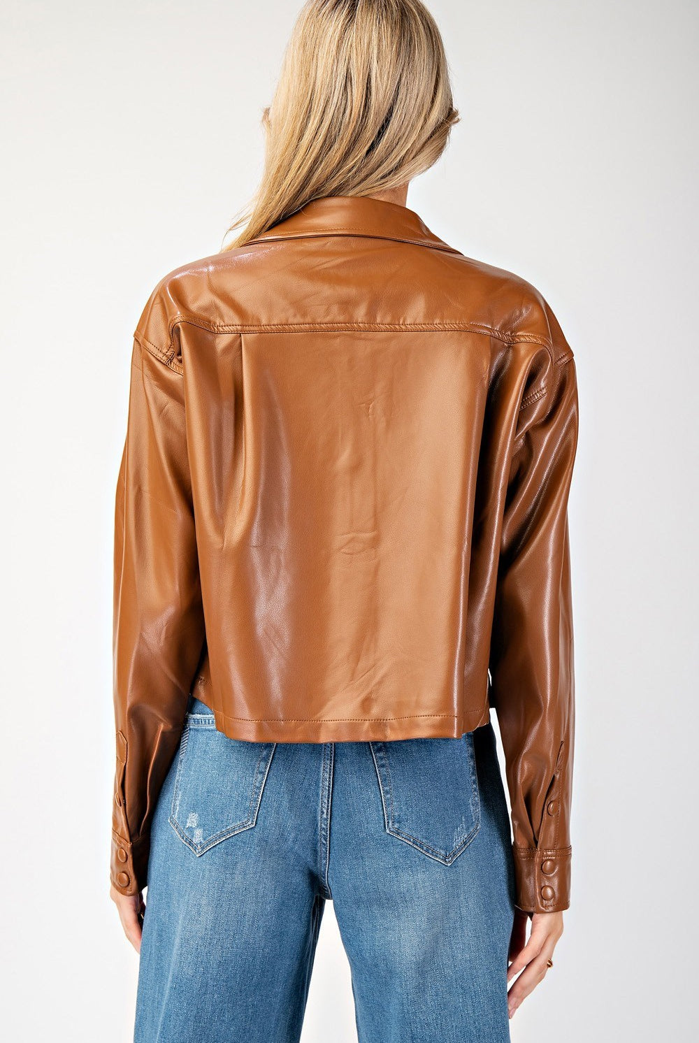 Cropped Faux Leather Collared Jacket - eesome - RARA Boutique