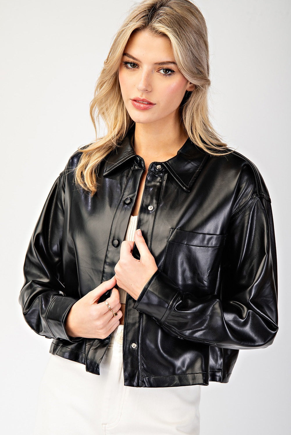 Cropped Faux Leather Collared Jacket - eesome - RARA Boutique