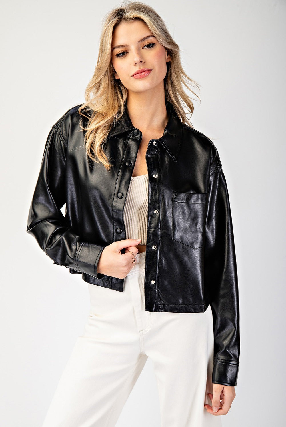 Cropped Faux Leather Collared Jacket - eesome - RARA Boutique