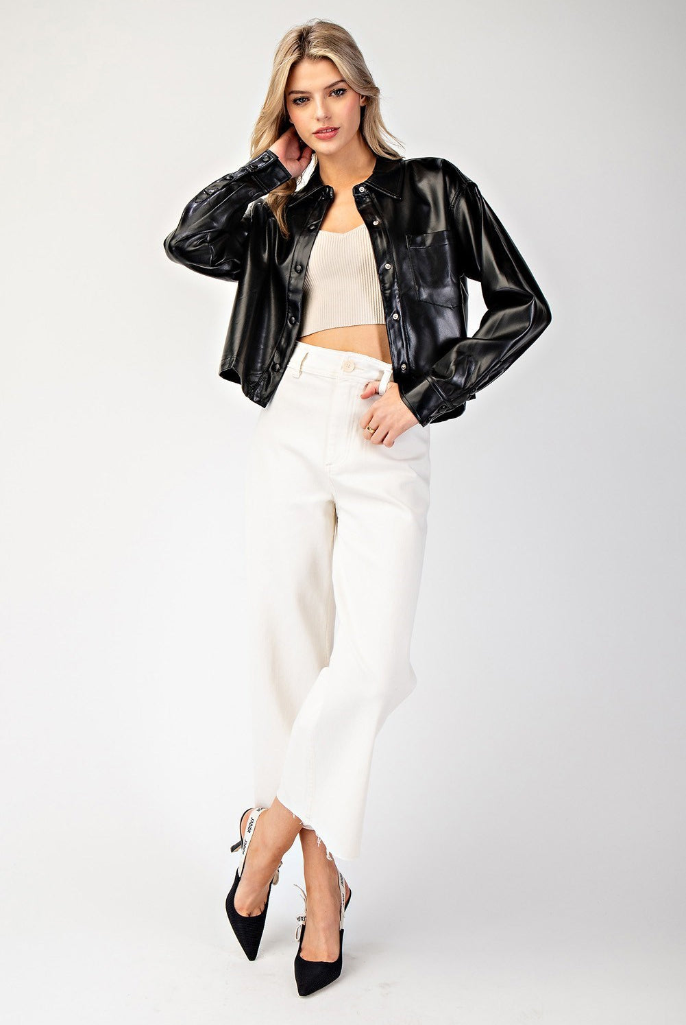 Cropped Faux Leather Collared Jacket - eesome - RARA Boutique