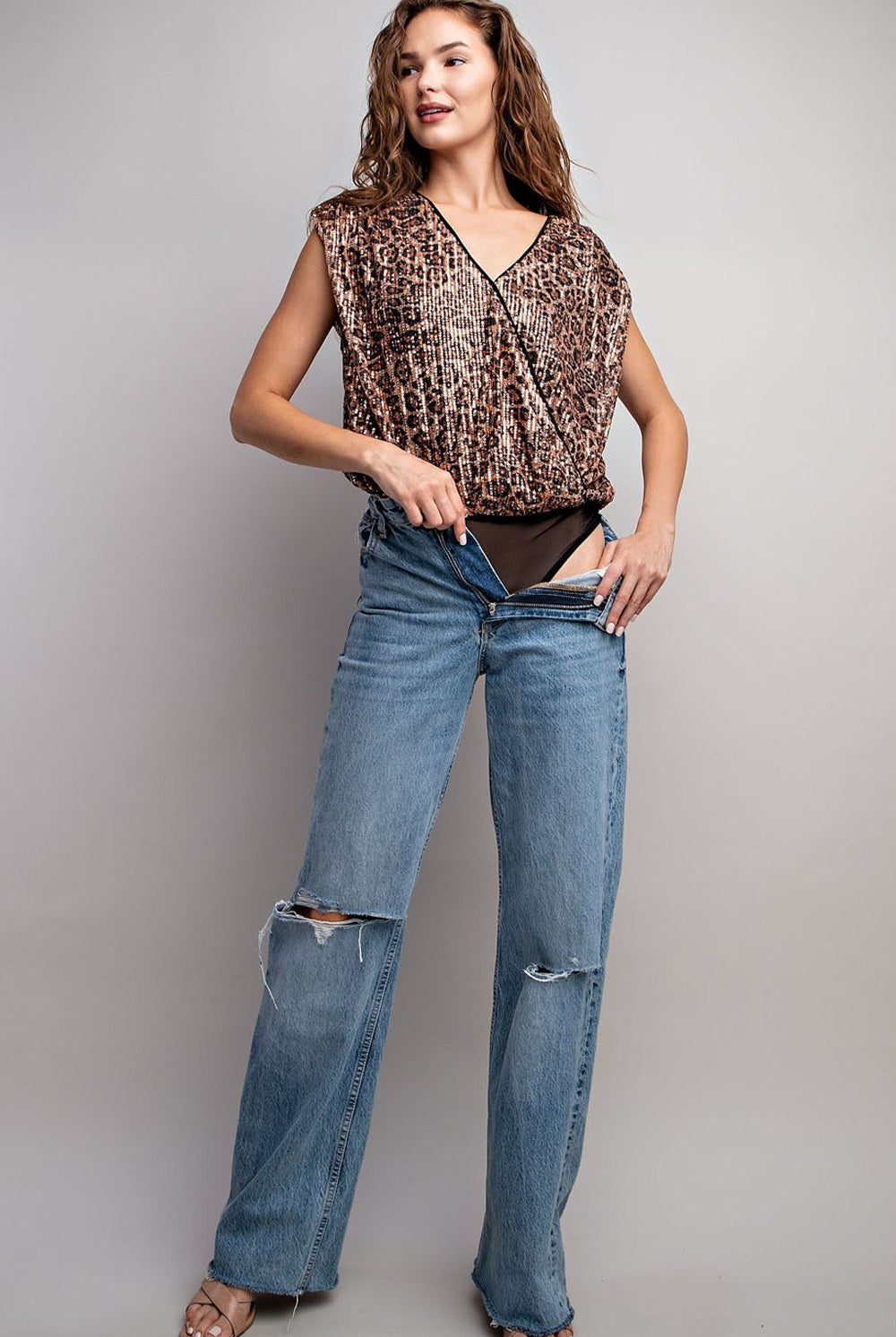 Sequin Leopard Print V-Neck Surplice Bodysuit - eesome - RARA Boutique