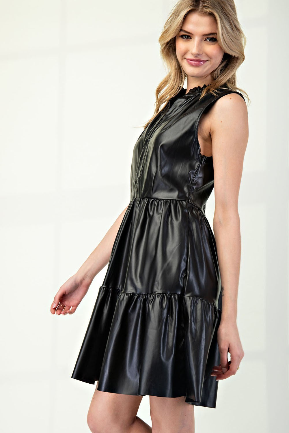 Faux Leather Sleeveless Tiered Mini Dress with Pockets - eesome - RARA Boutique