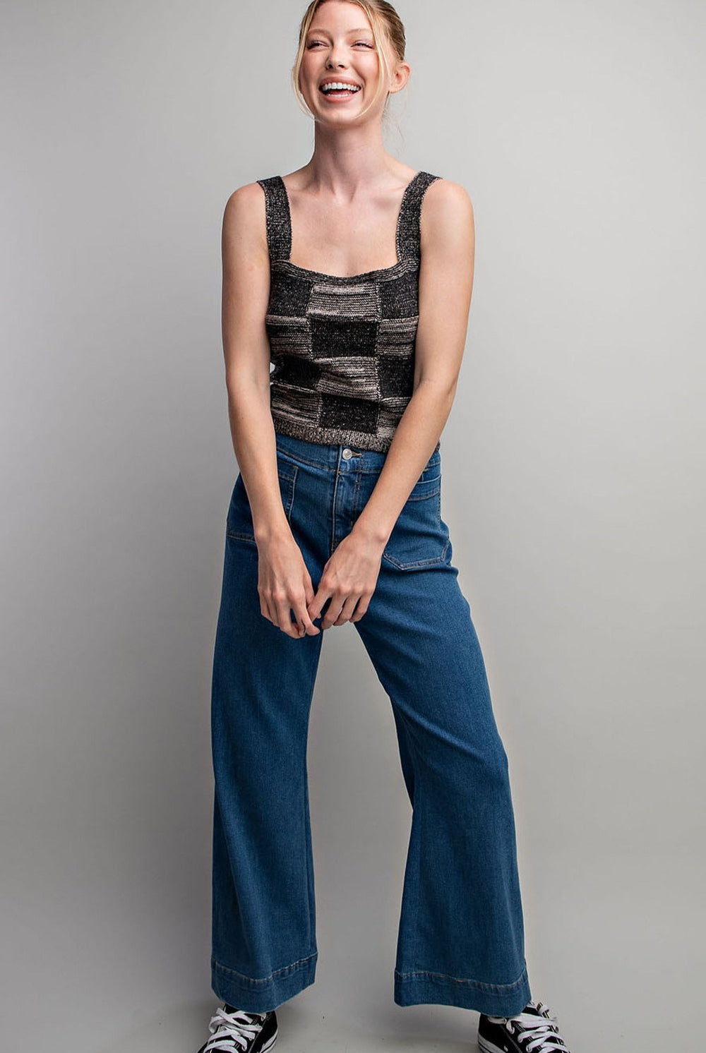 Checker Print Sleeveless Sweater Knit Crop Top - eesome - RARA Boutique