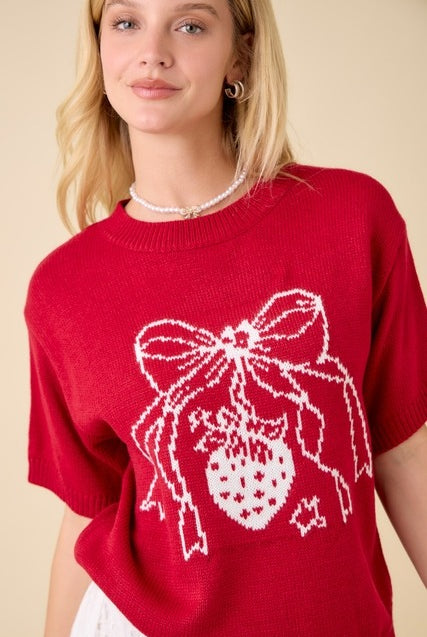 Strawberry Bow Boxy Sweater Knit Short Sleeve Top - Main Strip - RARA Boutique
