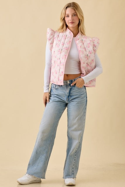 Floral Printed Ruffle Sleeve Quilted Puff Vest - Main Strip - RARA Boutique