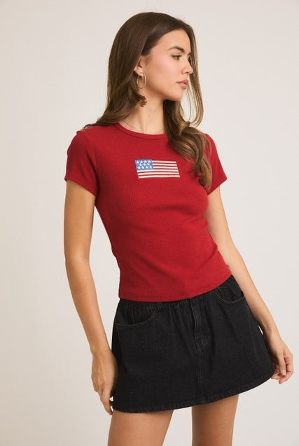 Rara Boutique embroidered American flag ribbed baby tee featuring patriotic flag design on soft cotton T-shirt for kids.