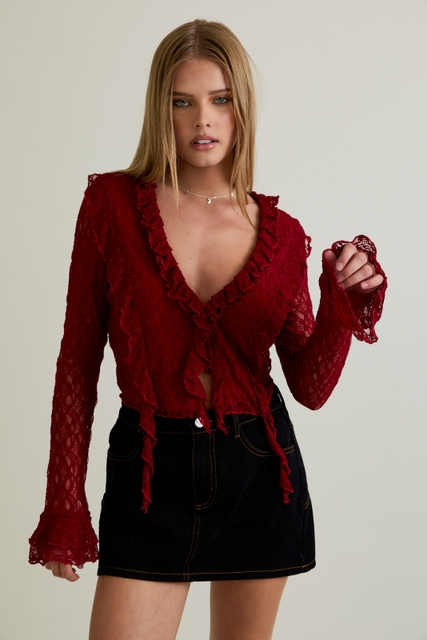 Ruffle Detail Lace V-Neck Top with Bell Sleeves - Le Lis - RARA Boutique