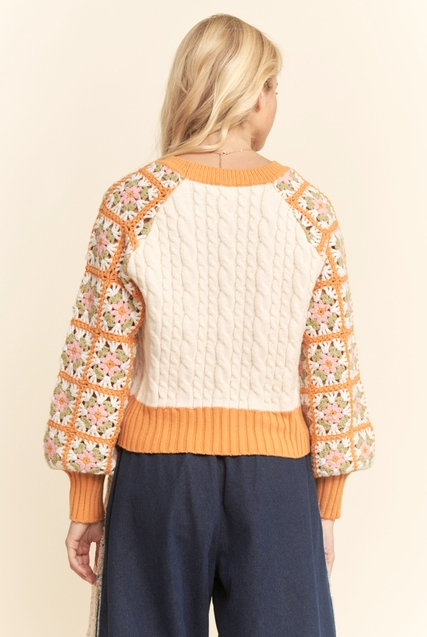 Crochet Sleeve Granny Square Cable Knit Sweater - Davi & Dani - RARA Boutique