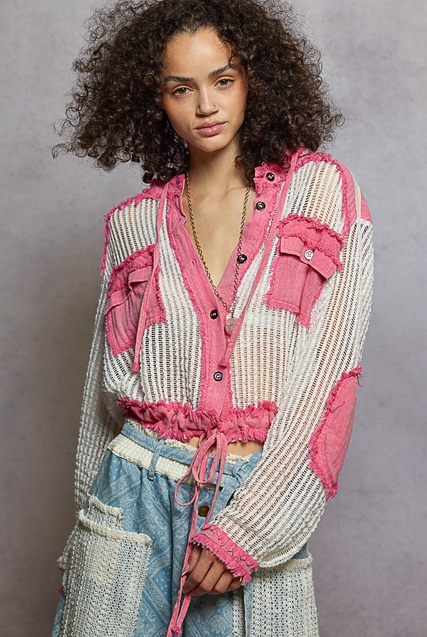 Open Knit Contrast Hooded Shacket with Frayed Edges - POL - RARA Boutique