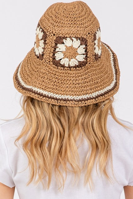 Floral Granny Square Crochet Straw Bucket Hat - RARA Boutique