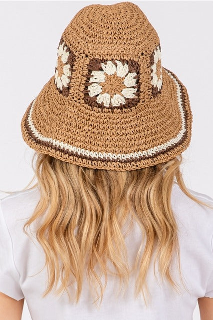Floral Granny Square Crochet Straw Bucket Hat - RARA Boutique