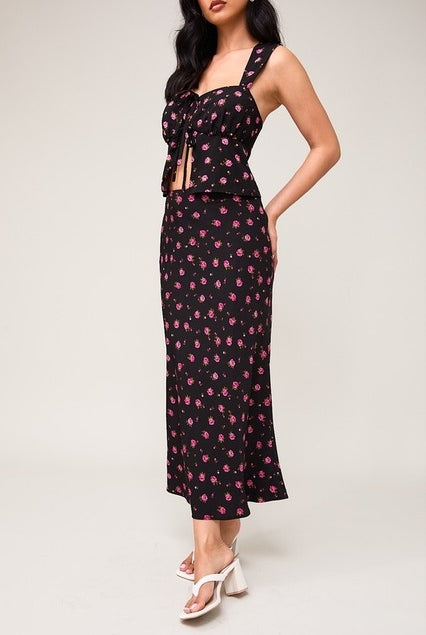 High Waisted Floral Rose Printed Bias Midi Skirt - Le Lis - RARA Boutique