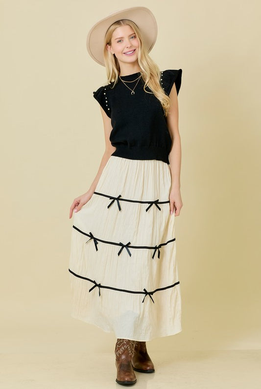 Plisse Bow Contrast Trim Maxi Skirt - Main Strip - RARA Boutique