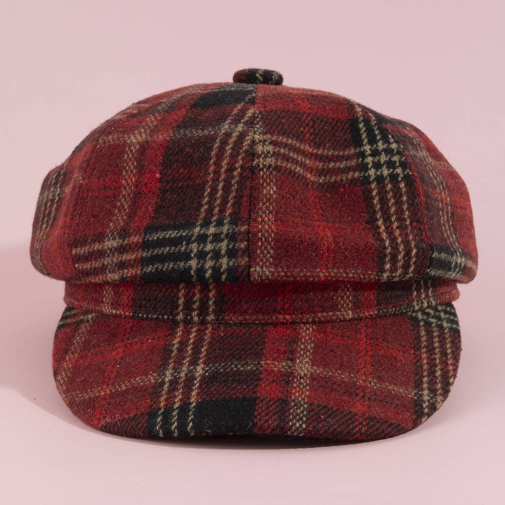 Tartan plaid eight-panel newsboy cap by Collections by Fame Accessories, showing the classic design and detailed fabric pattern.