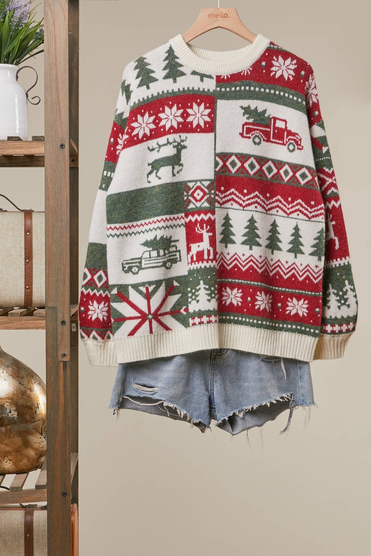 Mello Nordic Christmas knit sweater with festive patterns, cozy wool texture, and winter holiday design.