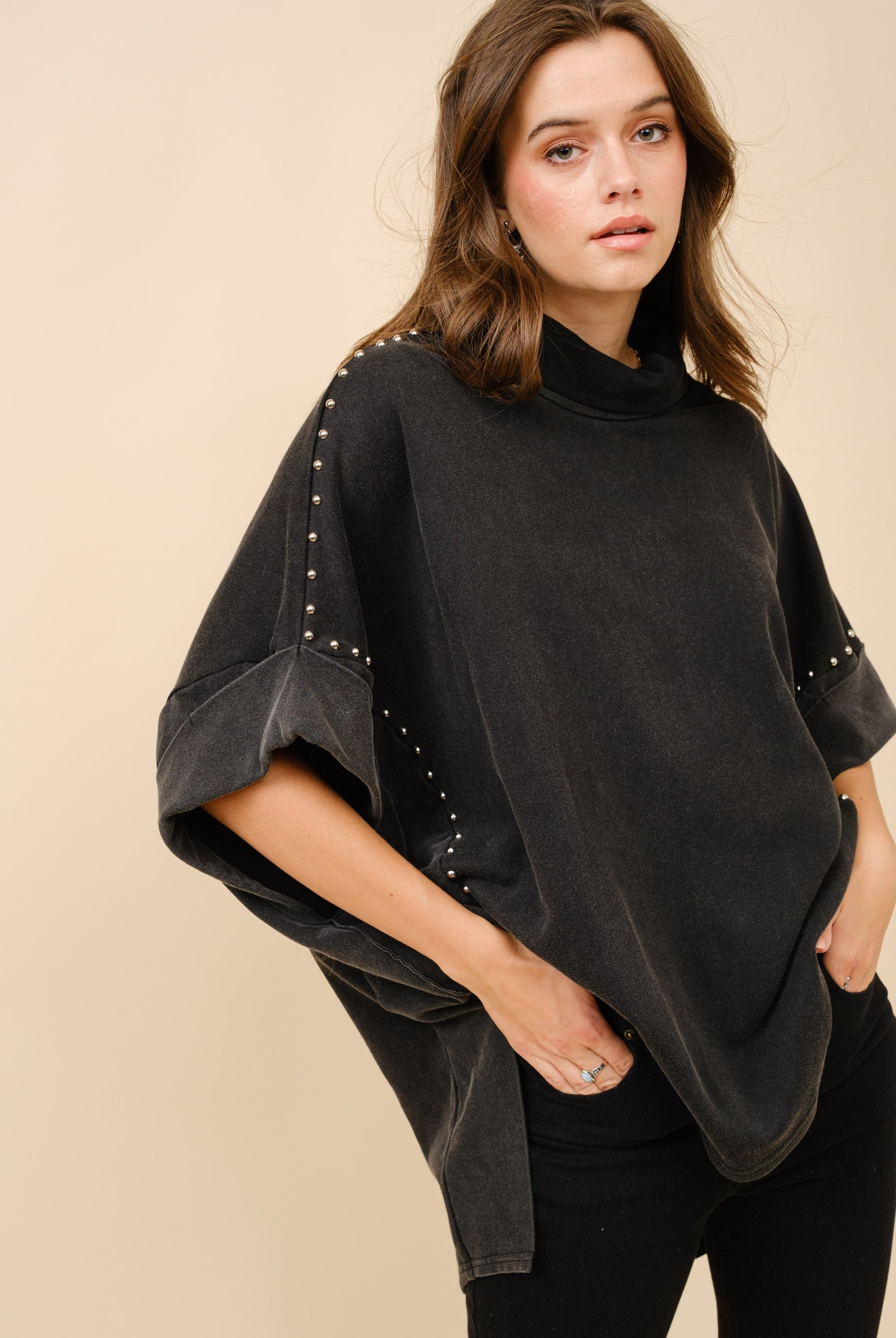 Studded Turtleneck Dolman Sleeve Sweatshirt - Blue B - RARA Boutique