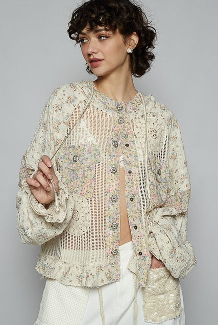 RARA Boutique floral contrast crochet and gauze jacket with balloon sleeves, lightweight and stylish for casual wear