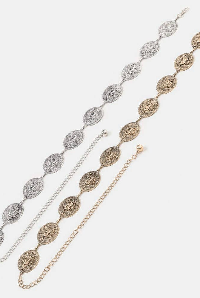Western horse engraved concho chain belt with silver-tone hardware and intricate engraved horse design by Collections by Fame Accessories.
