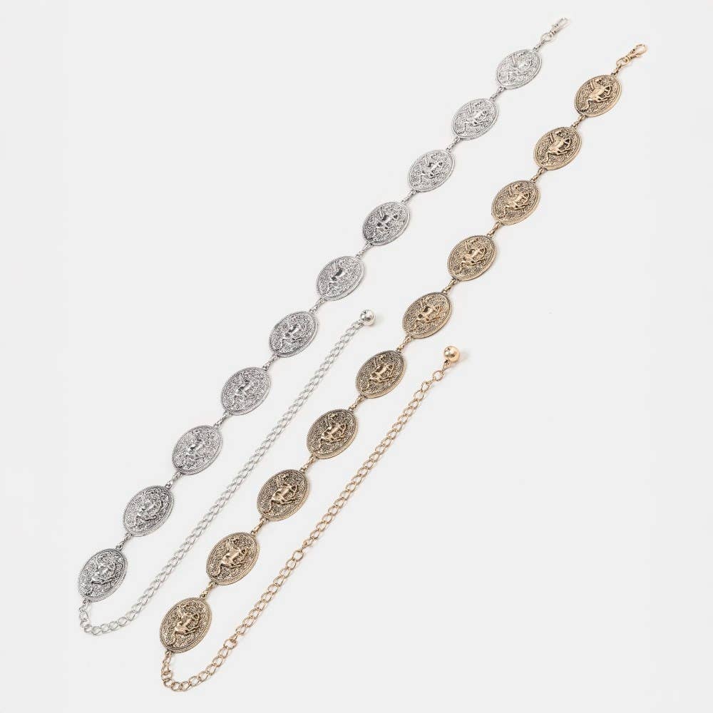 Western horse engraved concho chain belt with silver-tone hardware and intricate engraved horse design by Collections by Fame Accessories.