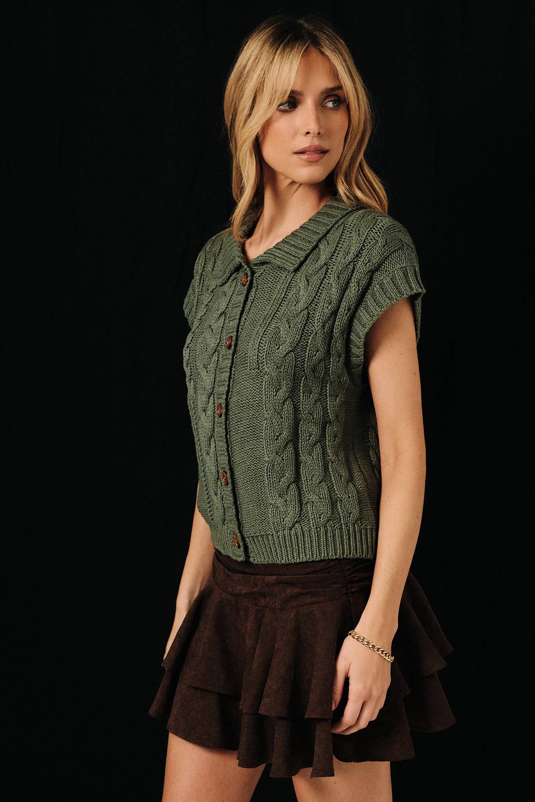 Sunday Edition by LE LIS cable knit button-up sweater vest, close-up of the soft, textured navy blue knit with button details.