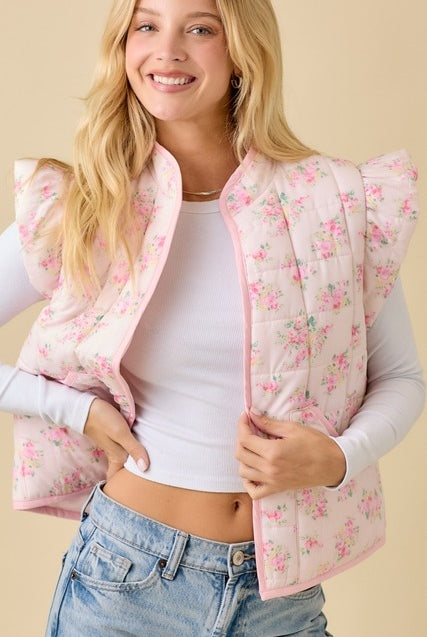Floral Printed Ruffle Sleeve Quilted Puff Vest - Main Strip - RARA Boutique