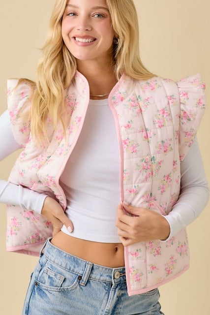 Floral Printed Ruffle Sleeve Quilted Puff Vest - Main Strip - RARA Boutique