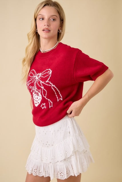 Strawberry Bow Boxy Sweater Knit Short Sleeve Top - Main Strip - RARA Boutique