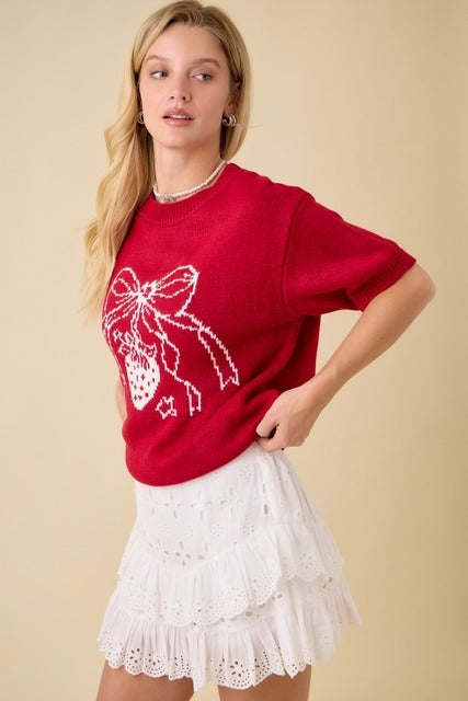 Strawberry Bow Boxy Sweater Knit Short Sleeve Top - Main Strip - RARA Boutique