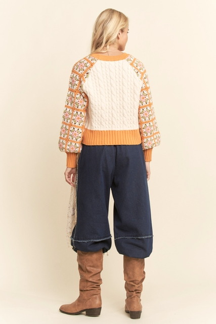 Crochet Sleeve Granny Square Cable Knit Sweater - Davi & Dani - RARA Boutique