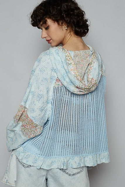 RARA Boutique floral contrast crochet and gauze jacket with balloon sleeves, lightweight and stylish for spring and summer wear.