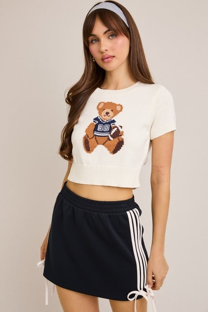 Short Sleeve Football Teddy Bear Sweater Crop Top - Le Lis - RARA Boutique