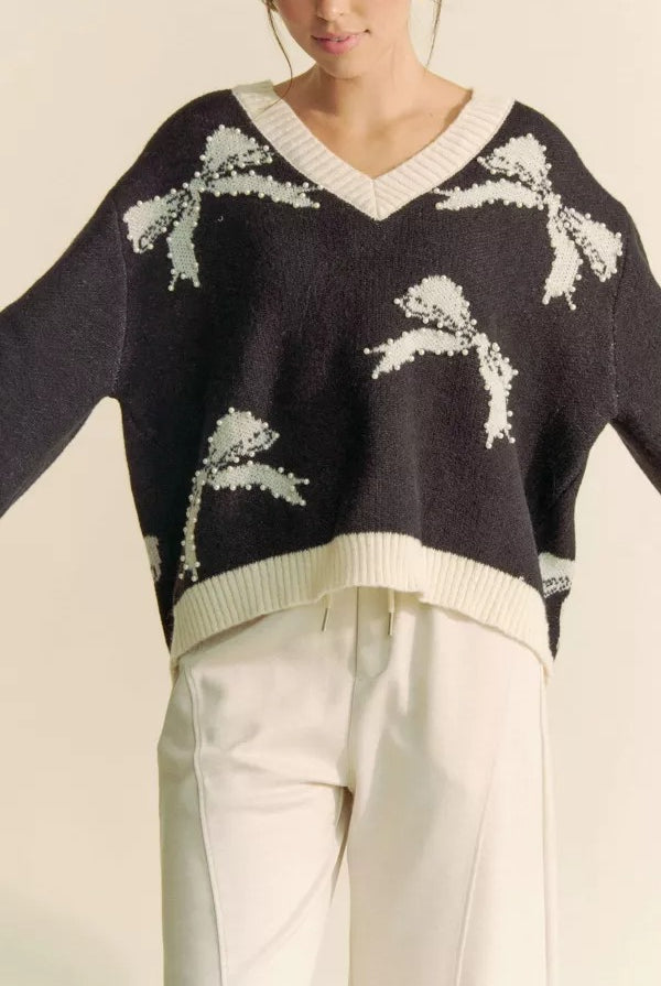Pearl Studded Bow Balloon Sleeve V-Neck Sweater - Davi & Dani - RARA Boutique