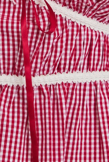 Gingham Lace Trim V-Neck Peplum Crop Top - Le Lis - RARA Boutique