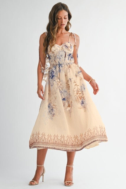 Floral Tie-Shoulder Sweetheart Midi Dress - EB Luxe - RARA Boutique