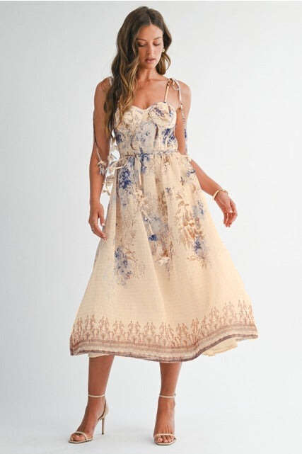 Floral Tie-Shoulder Sweetheart Midi Dress - EB Luxe - RARA Boutique