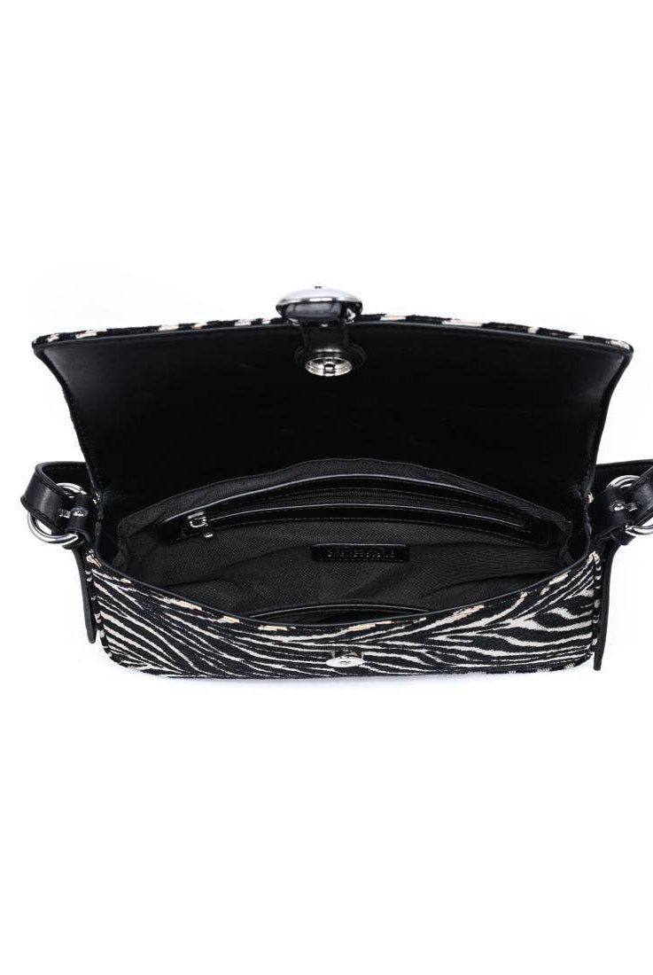 Urban Expressions Tuesday Gloria zebra shoulder bag with adjustable strap and bold black-and-white zebra print.