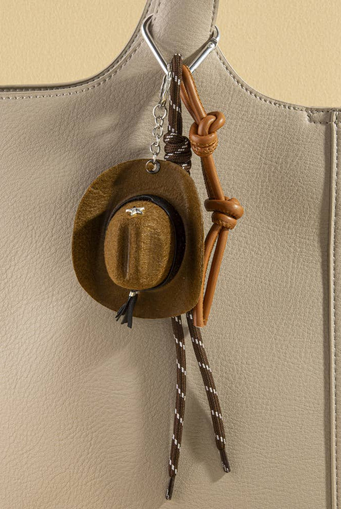 Mini cowboy hat Western rope bag charm with rustic details, perfect for accessories and keychains.