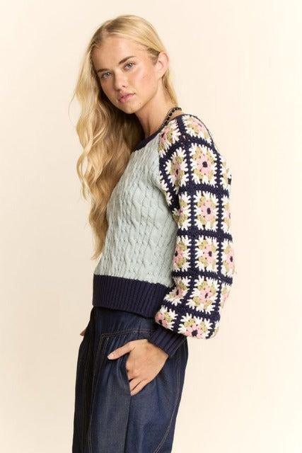 Crochet Sleeve Granny Square Cable Knit Sweater - Davi & Dani - RARA Boutique
