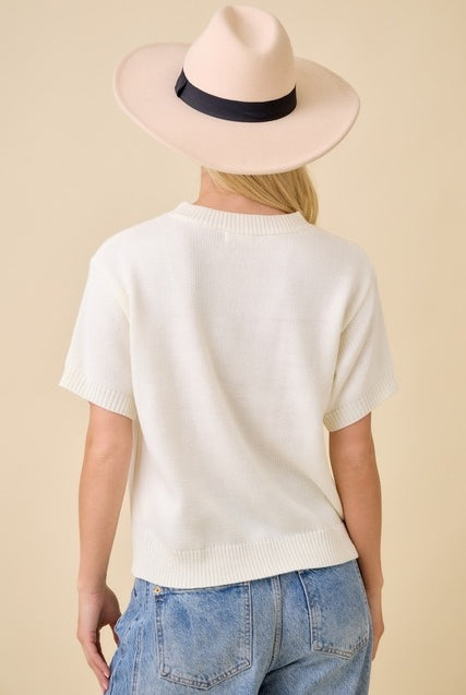 Strawberry Bow Boxy Sweater Knit Short Sleeve Top - Main Strip - RARA Boutique