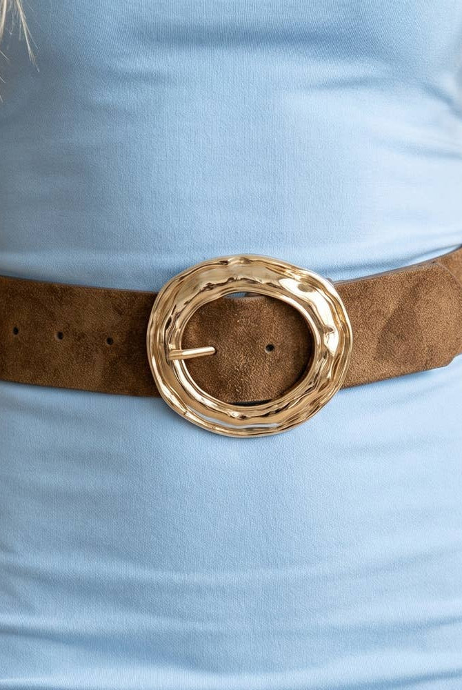 Suede hammered round buckle belt from Collections by Fame Accessories featuring a soft brown strap and textured metal buckle