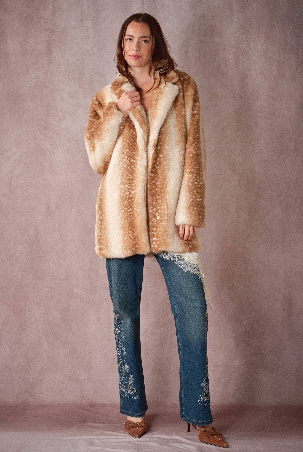 Blue B 25046J deer print faux fur coat featuring a soft, plush texture with a stylish deer pattern and a cozy fit.
