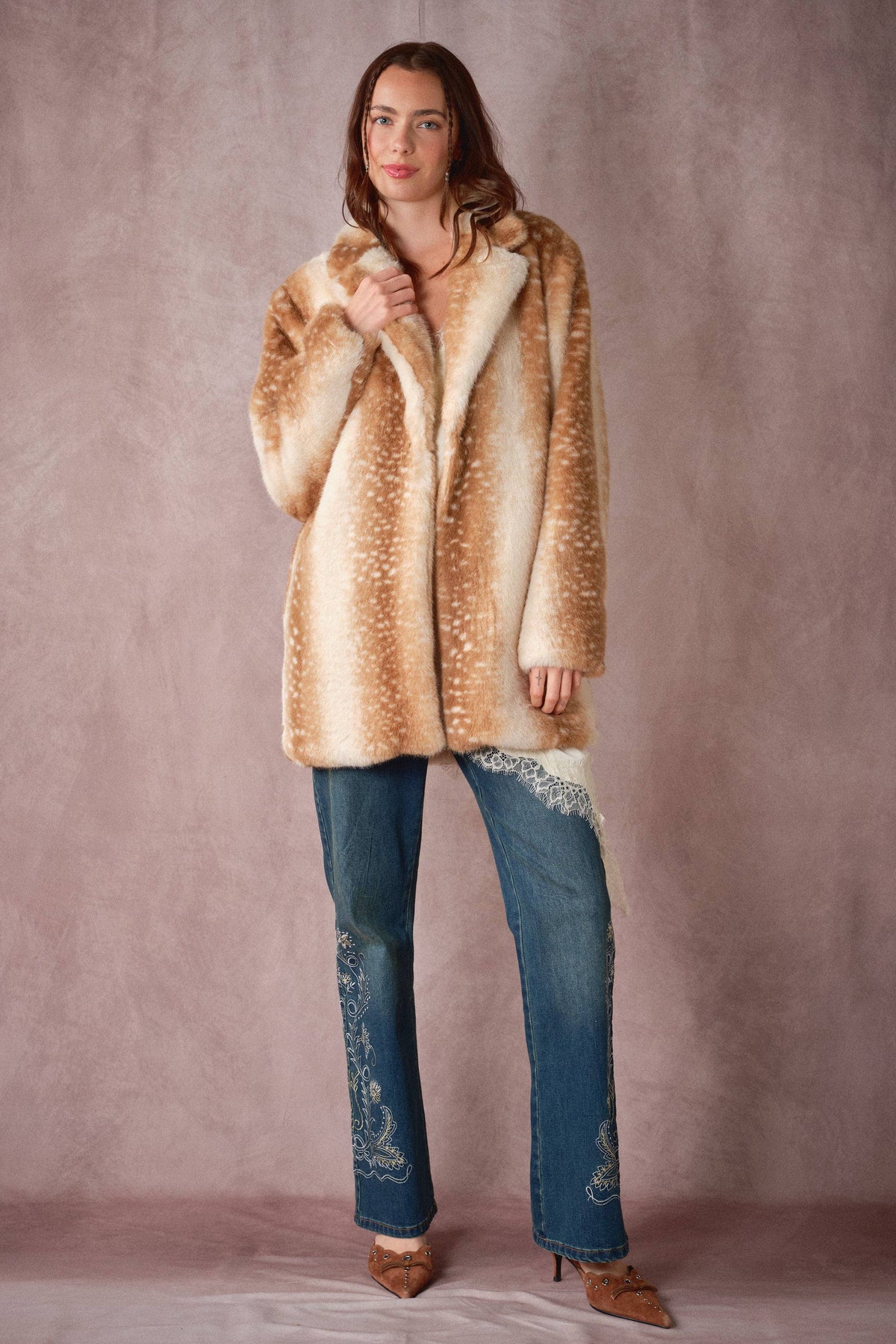 Blue B 25046J deer print faux fur coat featuring a soft, plush texture with a stylish deer pattern and a cozy fit.