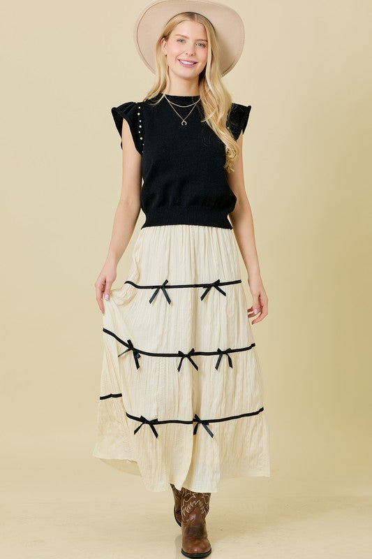 Plisse Bow Contrast Trim Maxi Skirt - Main Strip - RARA Boutique
